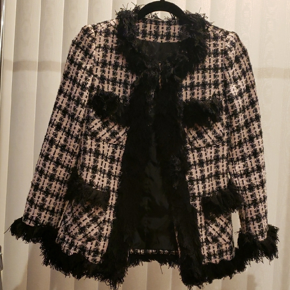 Stylish Pink and Black Tweed Blazer with Fringe Trim